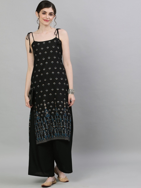 Nayo Women Black & Gold-Toned Woven Design Straight Kurta