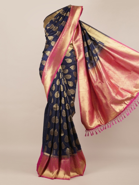 Pothys Navy Blue & Gold-Toned Jute Silk Woven Design Saree