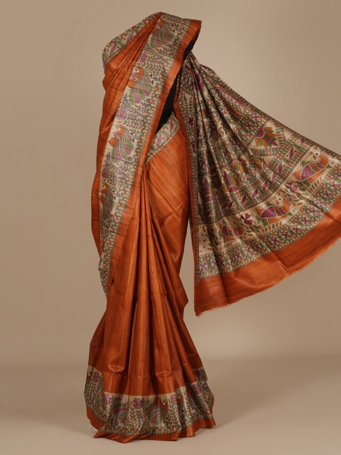 Pothys Orange Printed Jute Silk Saree
