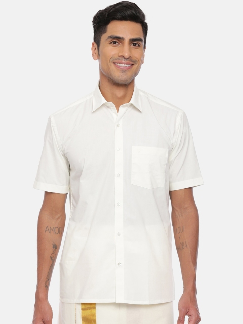 UATHAYAM Men Cream-Coloured Regular Fit Solid Ethnic Shirt