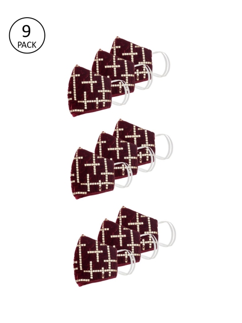 Bellofox Pack Of 9 Maroon & Gold-Colour Embellished 3-Ply Reusable Protective Outdoor Masks