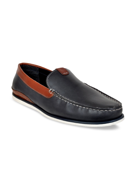 Allen Cooper Men Navy Blue & Tan-Brown Colourblocked Leather Loafers