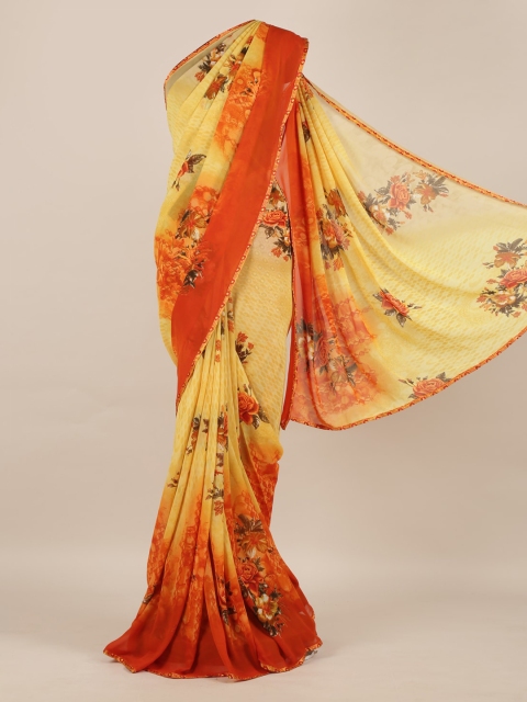 Pothys Yellow Printed Poly Chiffon Saree