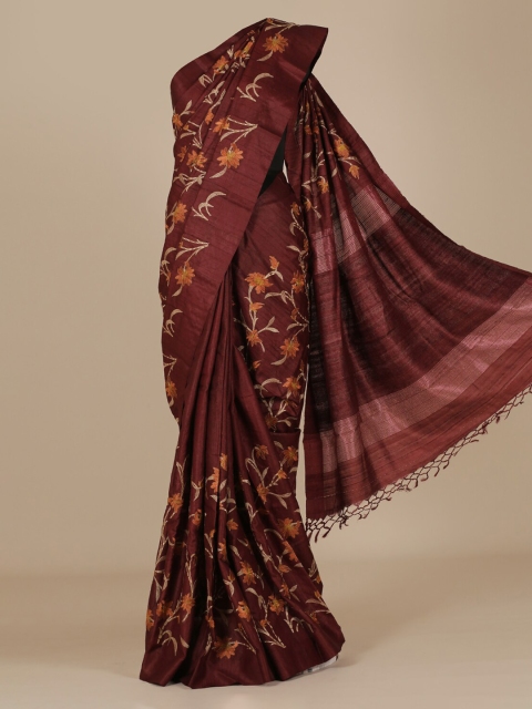 Pothys Maroon Embellished Jute Silk Saree
