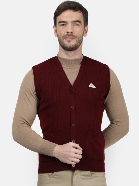 Monte Carlo Men Maroon Self Design Woolen Cardigan
