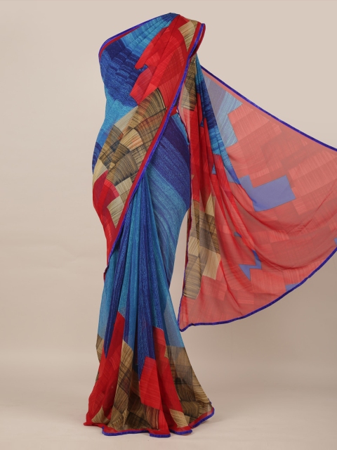 Pothys Blue Printed Poly Chiffon Saree