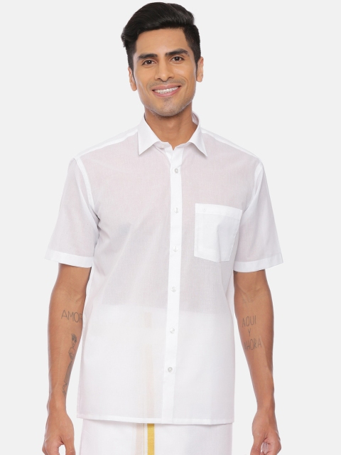 UATHAYAM Men White Regular Fit Solid Cotton Casual Shirt