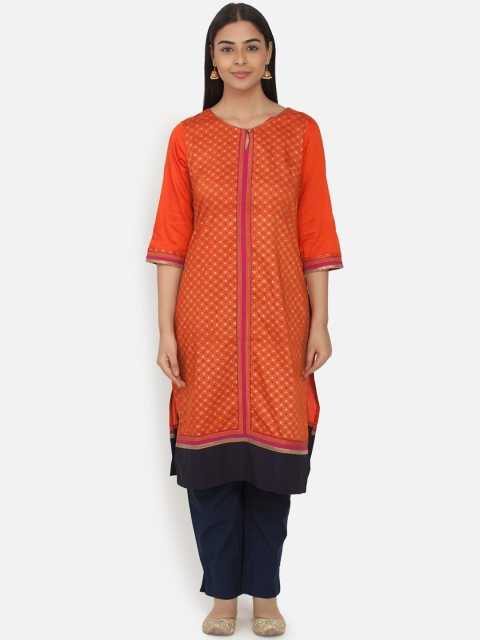 Paislei Women Orange & Pink Printed Straight Tunic