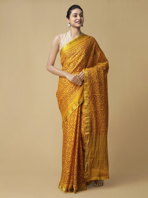 Unnati Silks Yellow Pure Chiffon Printed Bandhani Saree
