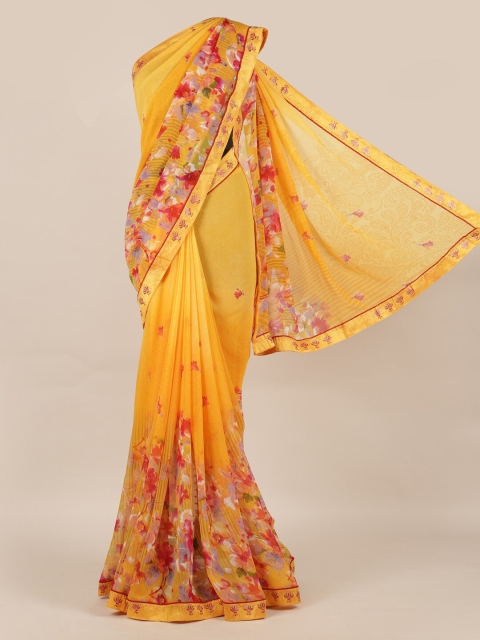 Pothys Yellow Printed Poly Chiffon Saree