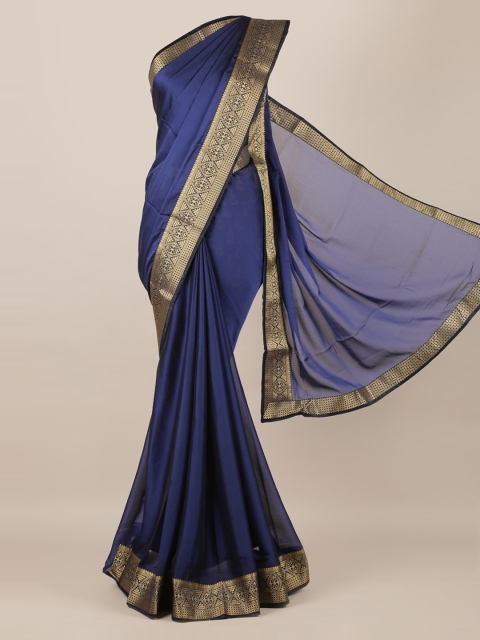 Pothys Blue Solid Poly Chiffon Saree with Zari Border