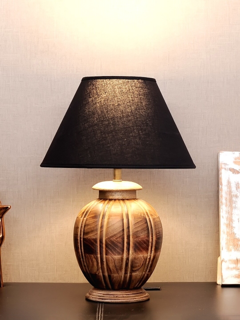 THE LIGHT STORE Brown Self Design Bedside Standard Table Lamp With Black Shade