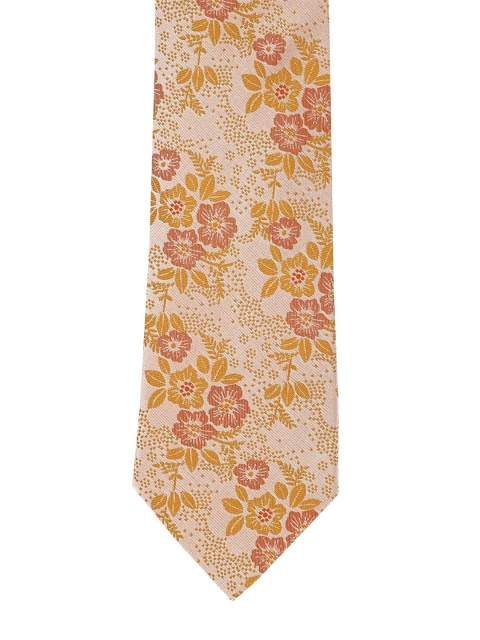 Peter England Men Yellow Floral Woven Design Broad Tie with Pocket Square