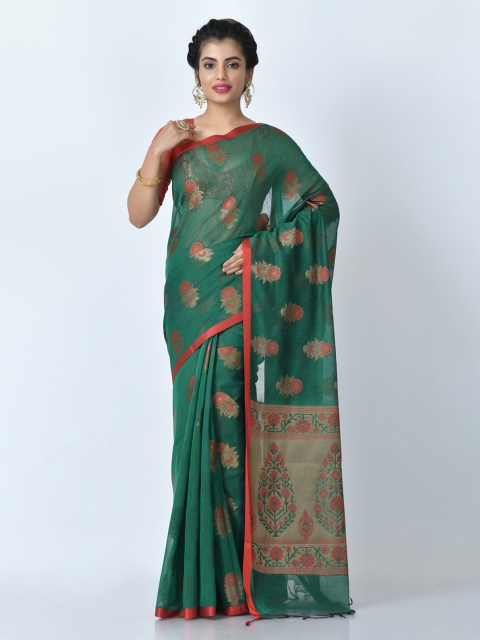 RANGOLI Green & Red Pure Cotton Woven Design Saree