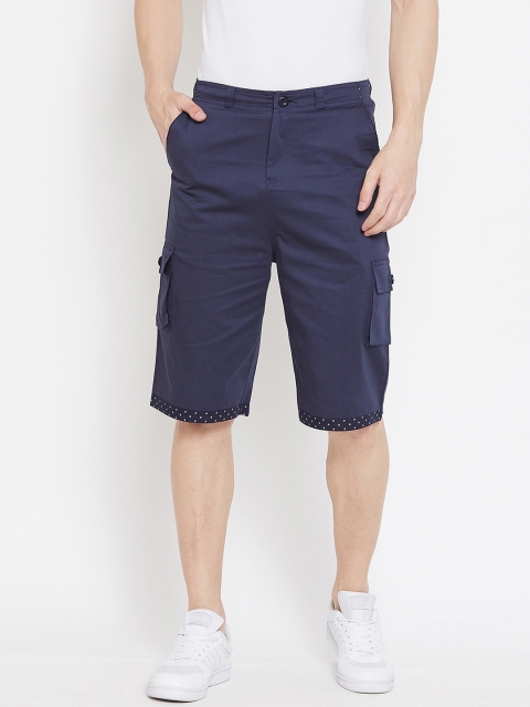 Hypernation Men Navy Blue Solid Regular Fit Cotton Cargo Shorts