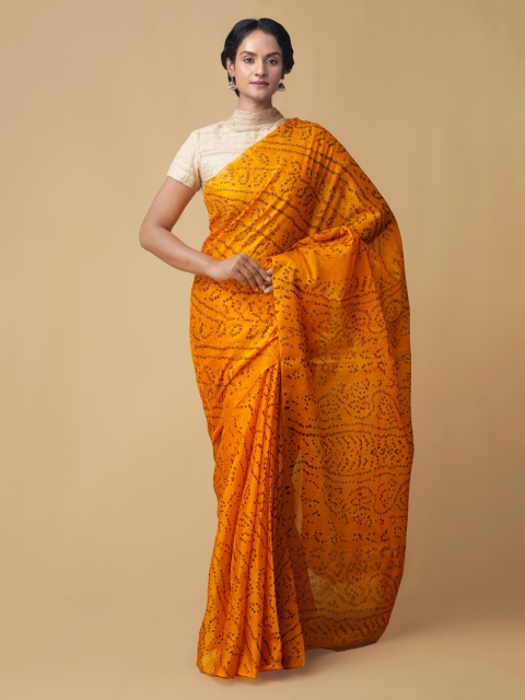 Unnati Silks Orange Pure Chiffon Printed Bandhani Saree