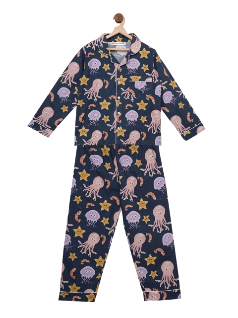 Fluffalump Kids Navy Blue & Pink Printed Night Suit