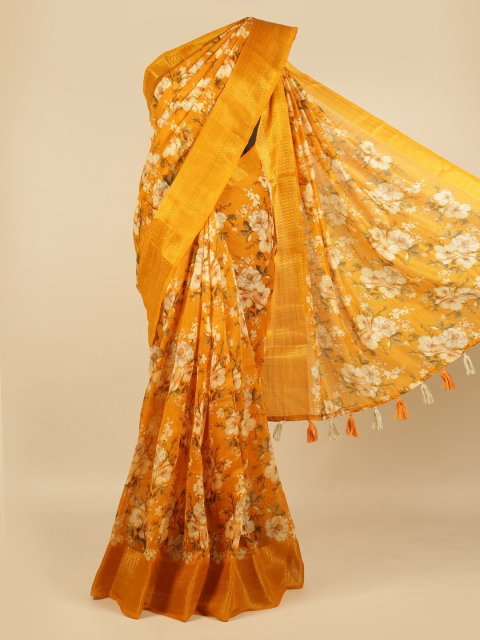 Pothys Mustard Printed Linen Blend Saree with Jhalar Pallu
