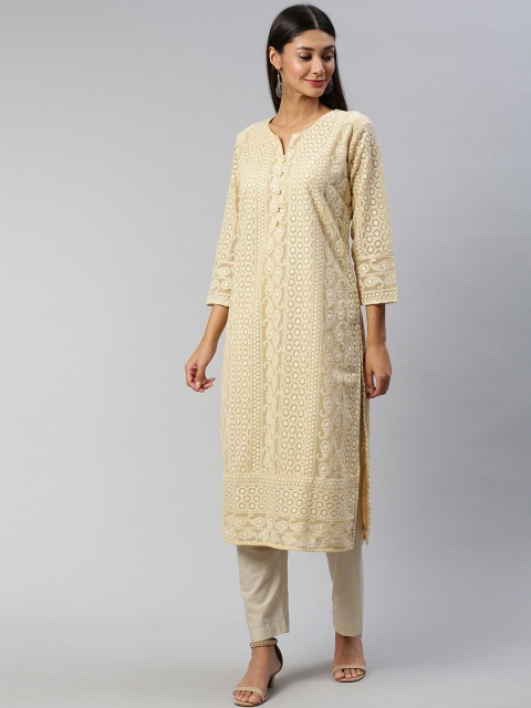 Soch Women Beige Woven Design Straight Kurta