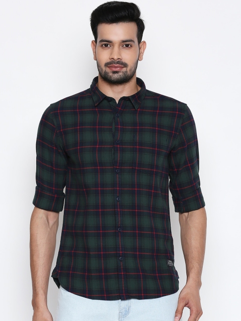 People Men Green & Navy Blue Slim Fit Checked Cotton Casual Shirt