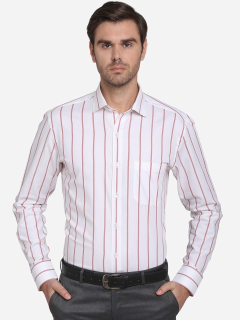 METAL Men White & Red Slim Fit Striped Formal Cotton Shirt