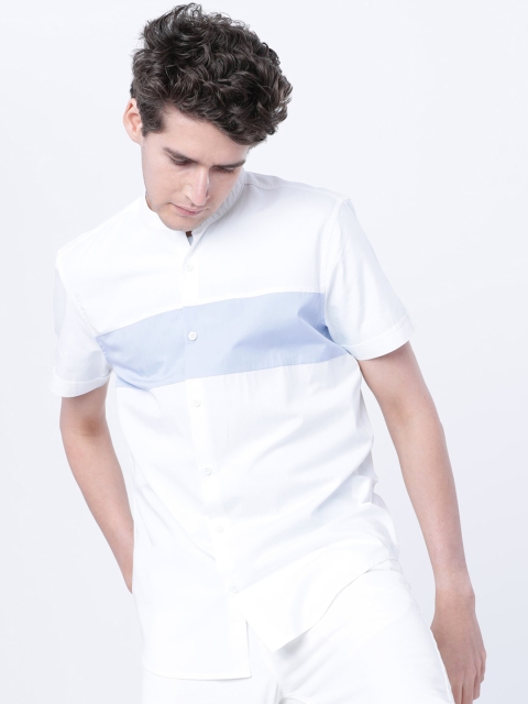 HIGHLANDER Men White & Blue Slim Fit Colourblocked Casual Shirt