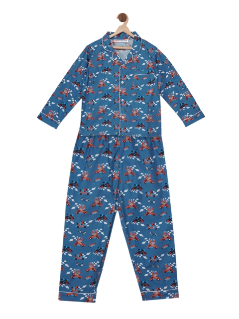Fluffalump Unisex Kids Blue & Red Printed Night Suit