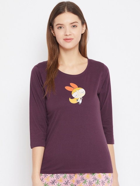 Clovia Women Purple & Orange Powerpuff Girl Printed Lounge T-Shirt