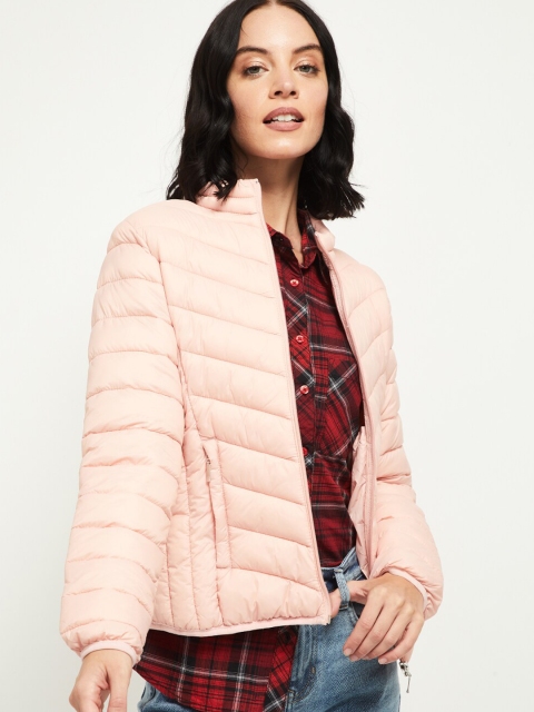 max Women Peach-Coloured Solid Padded Jacket