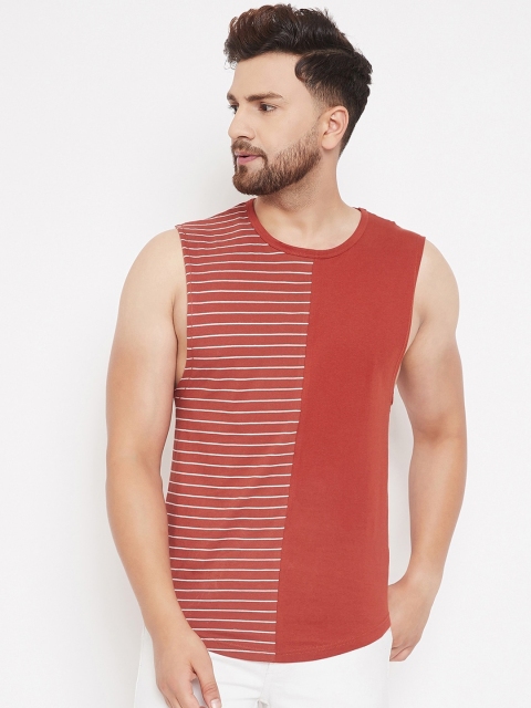 Hypernation Men Orange Striped Round Neck T-shirt