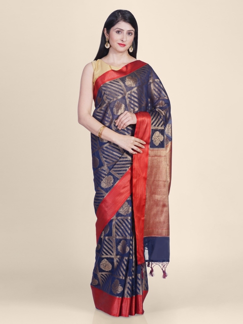 Kasat Navy Blue & Red Silk Blend Checked Chanderi Saree
