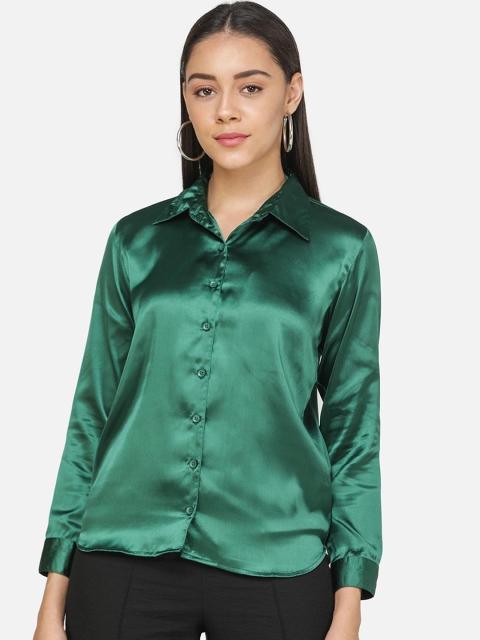 DECHEN Women Green Regular Fit Solid Casual Shirt