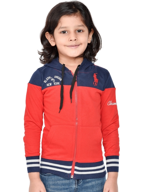 ORANGE PUMPKKIN Boys Red & Navy Blue Colourblocked Hooded Sweatshirt
