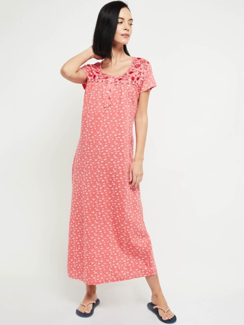 max Women Pink & Red Printed Maxi Nightdress