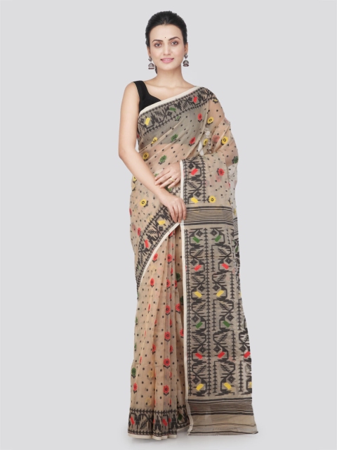 PinkLoom Beige & Black Pure Cotton Woven Design Handloom Jamdani Saree