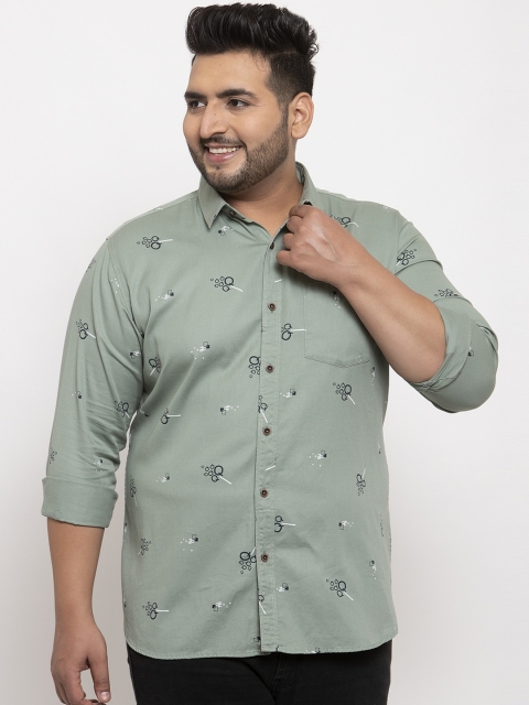 plusS Men Green Regular Fit Printed Cotton Casual Shirt