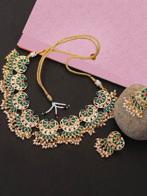 Yellow Chimes Gold-Plated Green & Red Stone Studded Jewellery Set