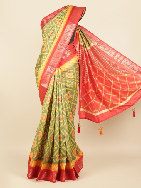 Pothys Olive Green & Red Jute Silk Printed Saree