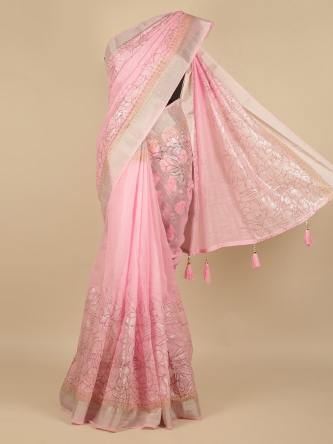 Pothys Pink Printed Linen Blend Saree