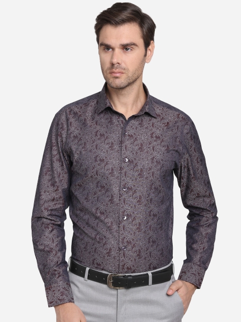 METAL Men Coffee Brown Slim Fit Printed 100% Cotton Formal Shirt