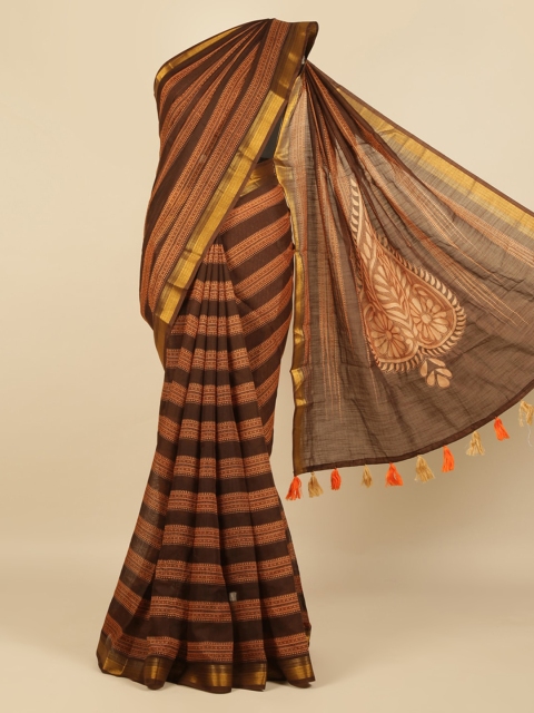 Pothys Brown Striped Linen Blend Saree