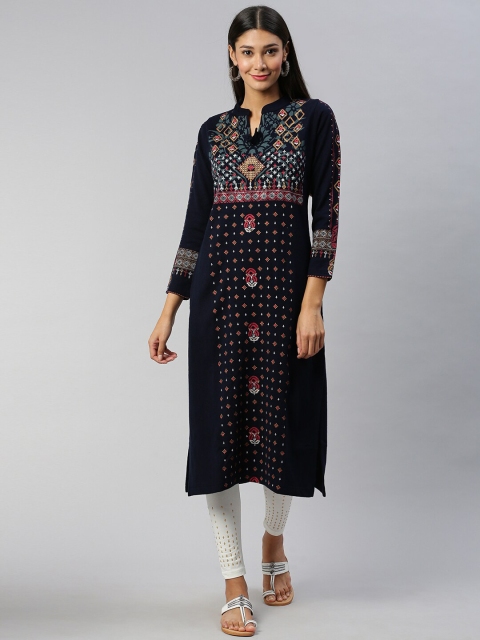 Soch Navy Blue Solid Cotton Blend Kurti
