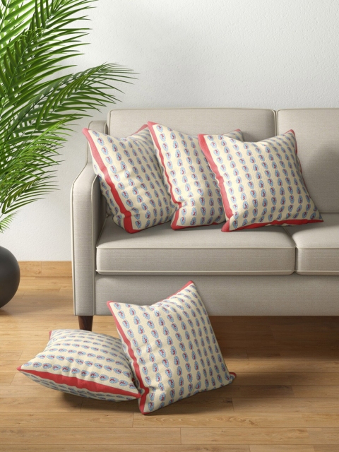 PETAL HOME Beige & Blue Set of 5 Floral Square Cushion Covers