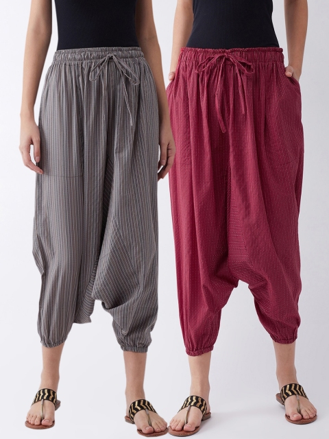 InWeave Women Pack Of 2 Maroon & Grey Kantha Embroidered Harem Pants