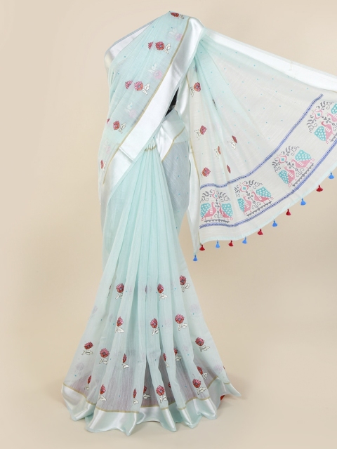 Pothys Blue Embroidered Pure Cotton Saree with Jhalar Pallu