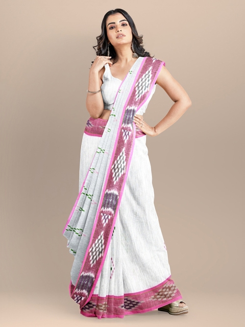BharatSthali White Pure Cotton Woven Design Taant Handloom Saree