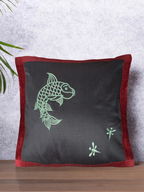 PETAL HOME Black & Green Set of Single Embroidered Square Cushion Cover