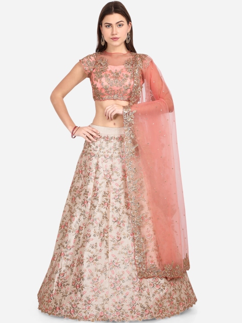 NAKKASHI Beige & Pink Embroidered Unstitched Lehenga & Blouse with Dupatta