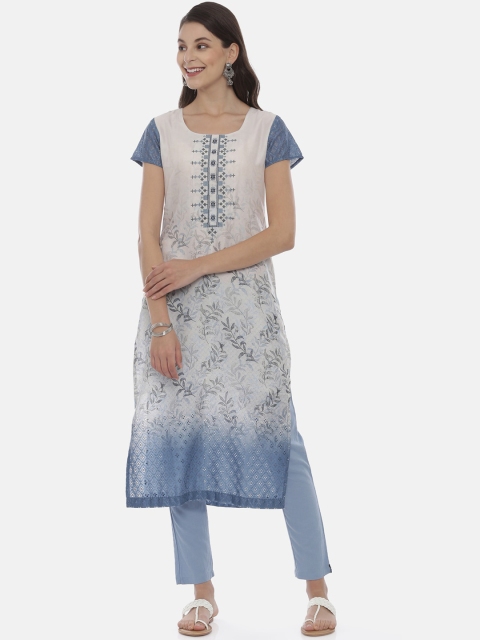 Neerus Women Off-White & Blue Printed Straight Kurta
