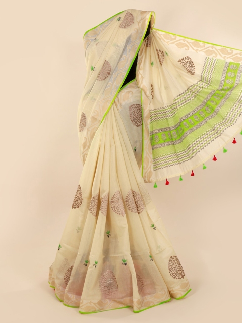 Pothys Cream-Coloured Embroidered Pure Cotton Saree